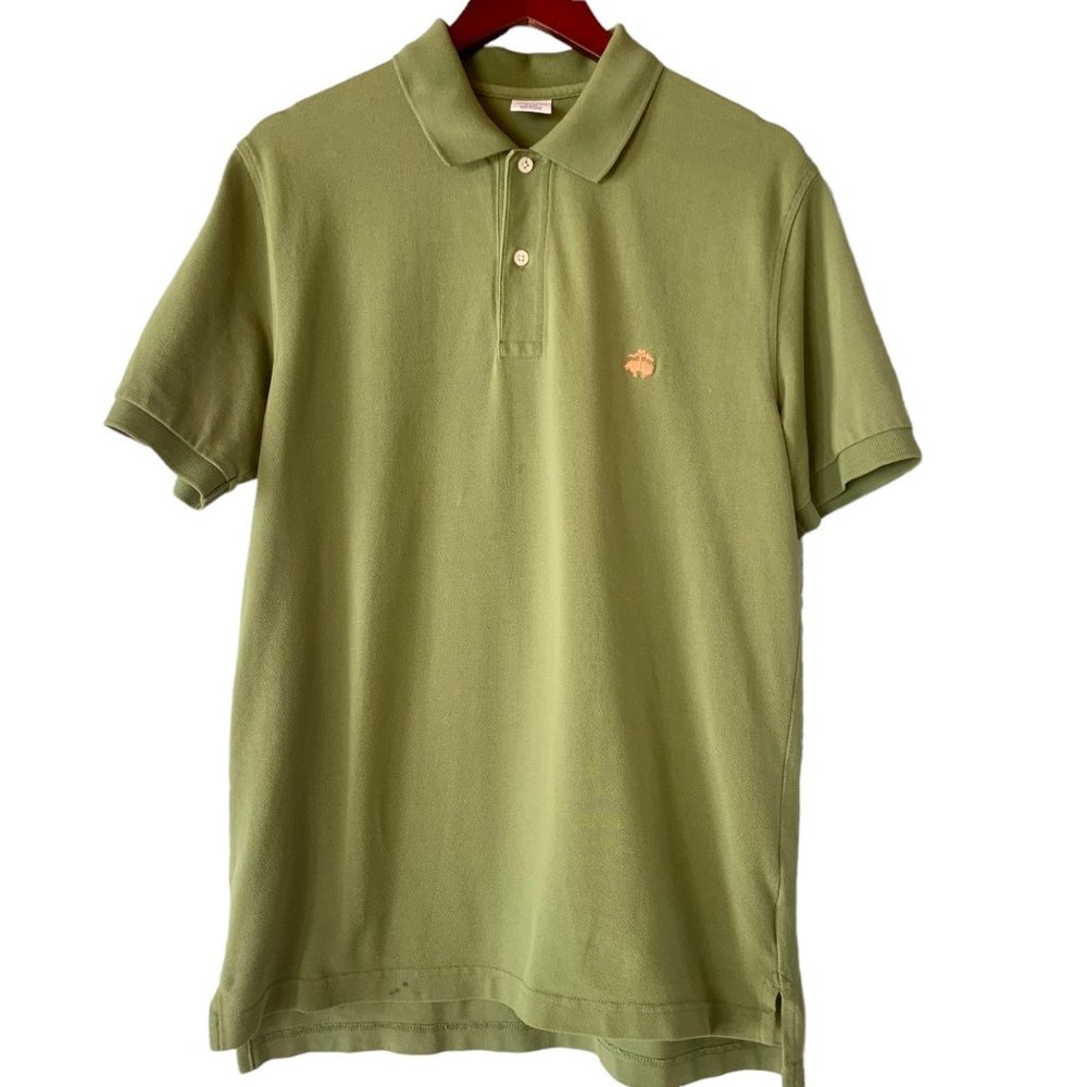 Brooks Brothers Polo Shirt Large Slim Fit Pique Knit Olive Green SPOT ON HEM